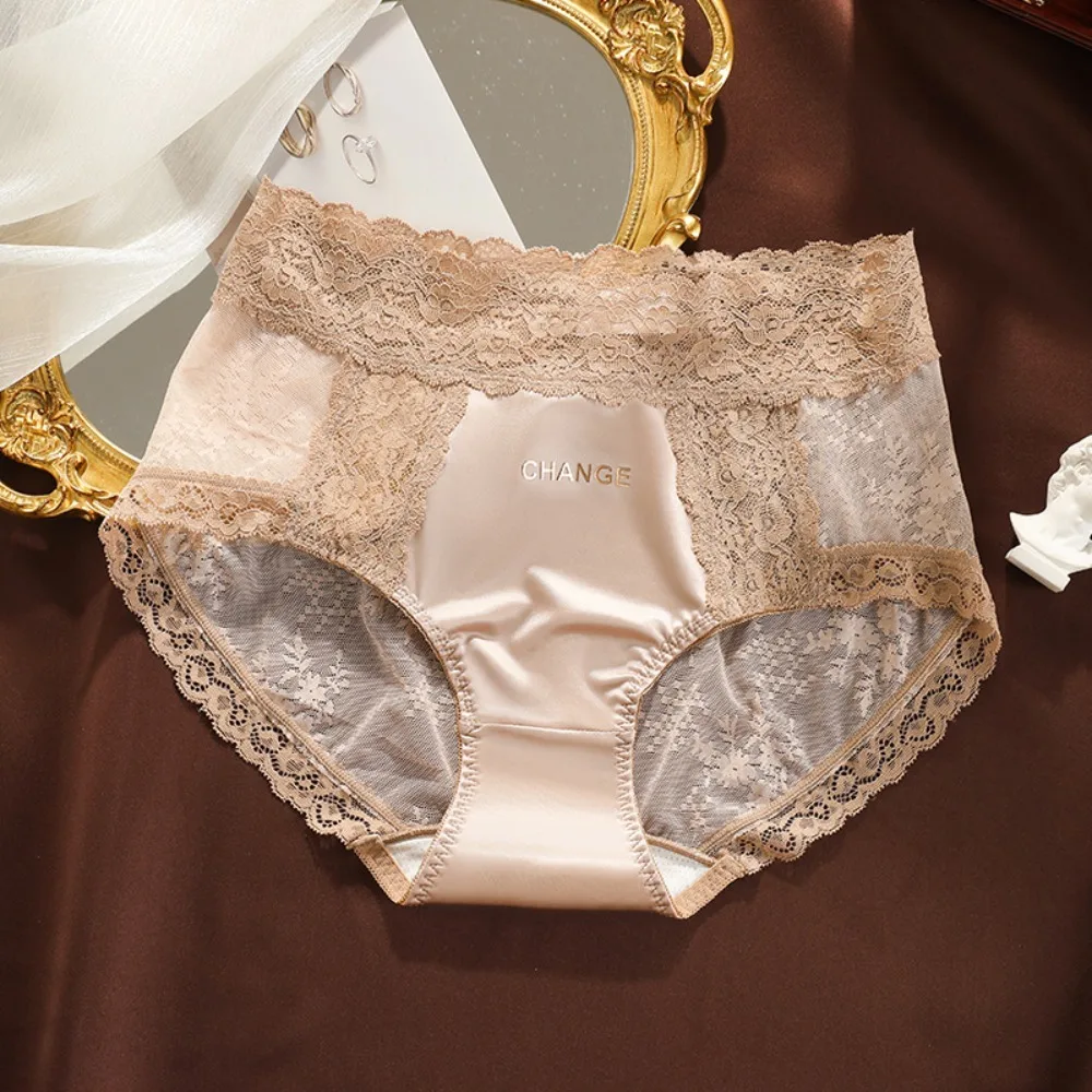 

Mesh Floral Ice Satin Silk Briefs Ultra-thin Mid Waist Lace Seamless Panties Female Lingerie Cotton Crotch Underwear for Women
