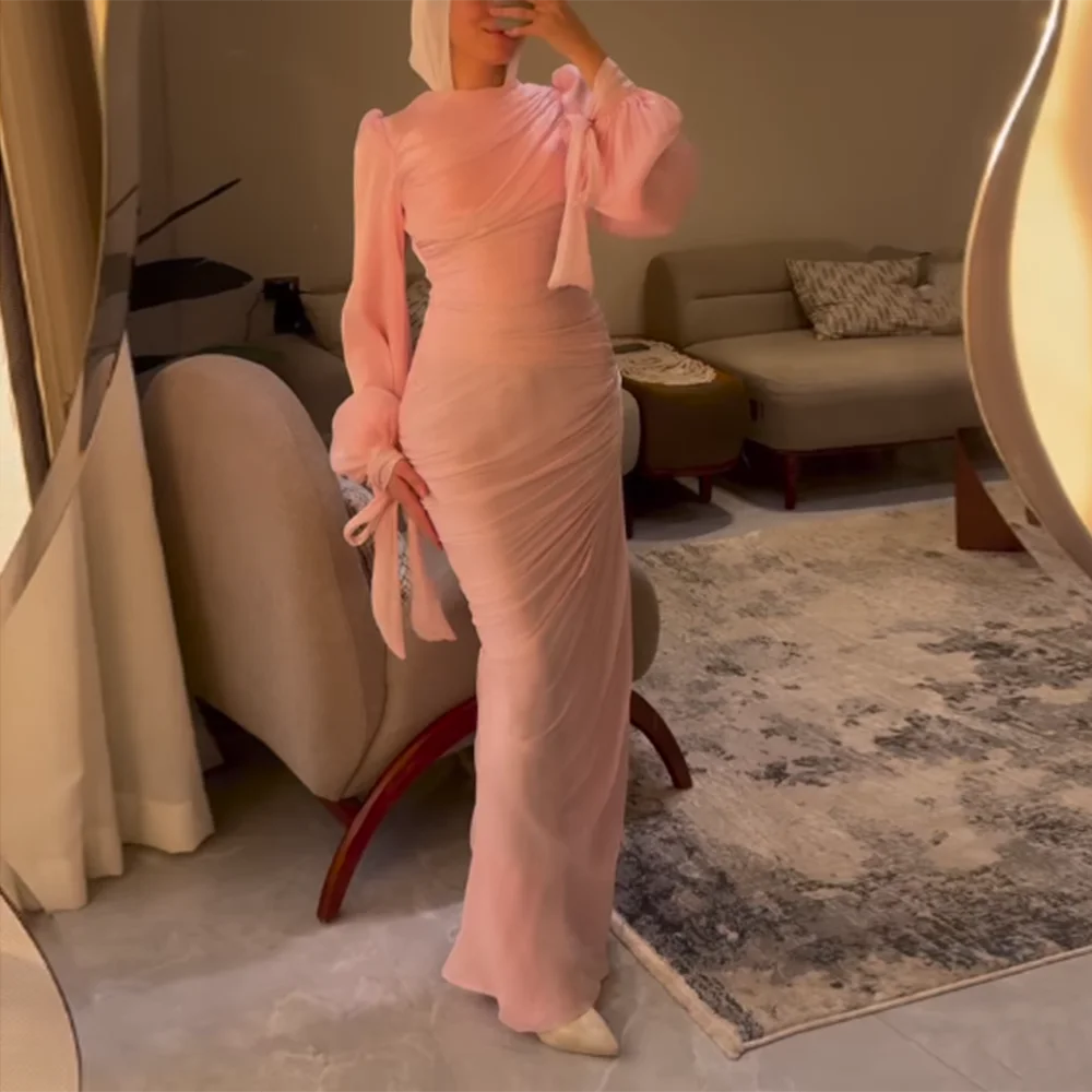 

Customized Pink Straight Prom Dresses Ankle-Length High-Neck Full Sleeve Evening Gown Simple Draped Fashion Bow Party Gown