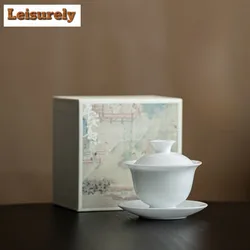 140ml Iced Jade Porcelain Gaiwan Linglong Three Talent Tea Tureen Japanese Tea Making Cover Bowl for Tea Supplies Collection