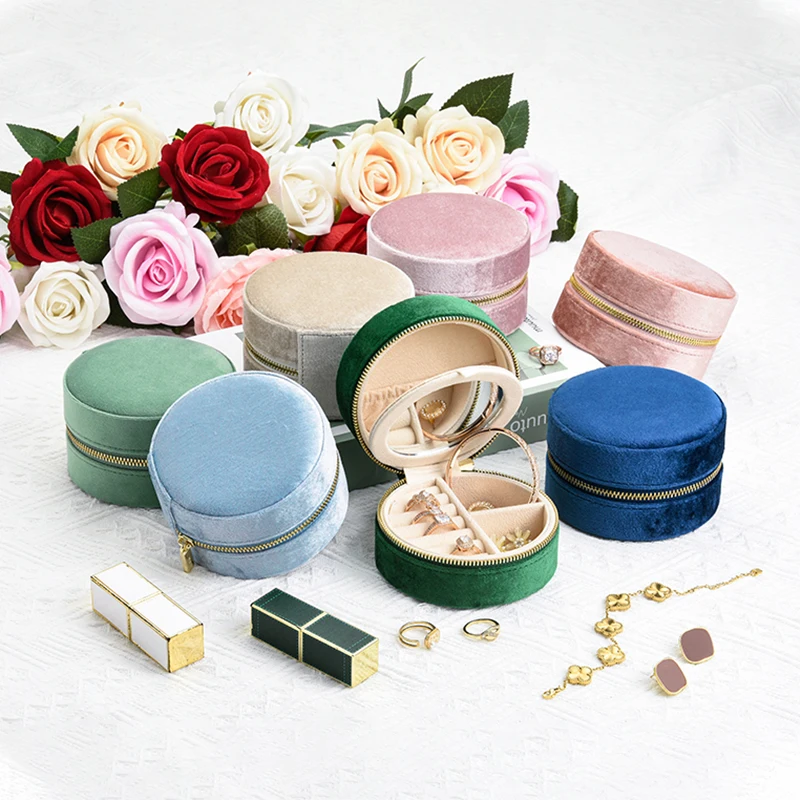 Circular Portable Velvet Ring Jewelry Box with Mirror Travel Hoop Earrings Jewelry Double Layer Storage Box with Mirror