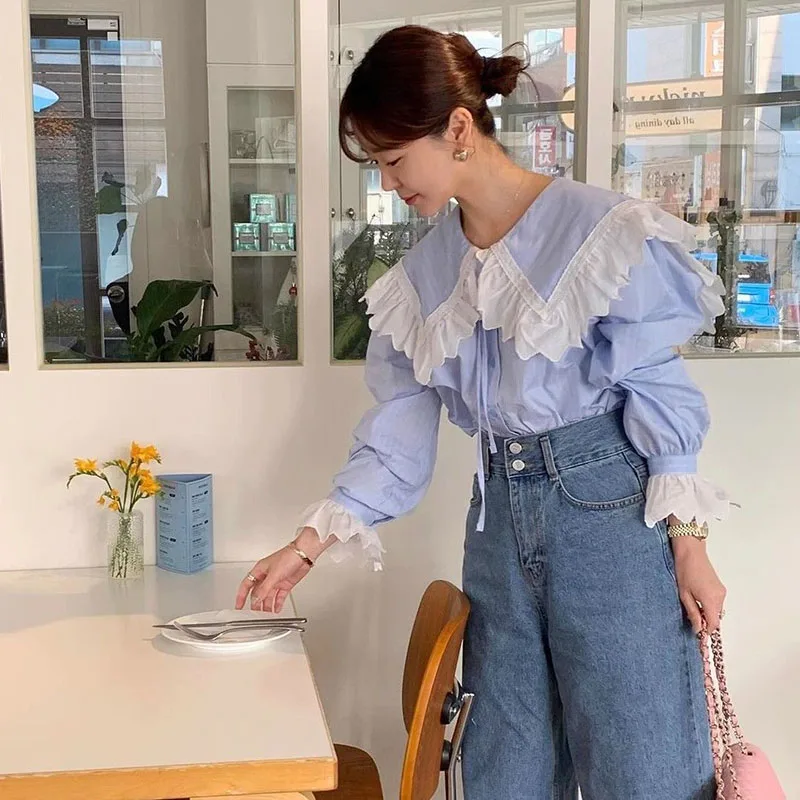 Women Chic Peter Pan Collar Shirts Sweet Ruffles Lolita Lace Patchwork Blouse Female Kawaii Lovely Daily Puff Long Sleeve Shirt