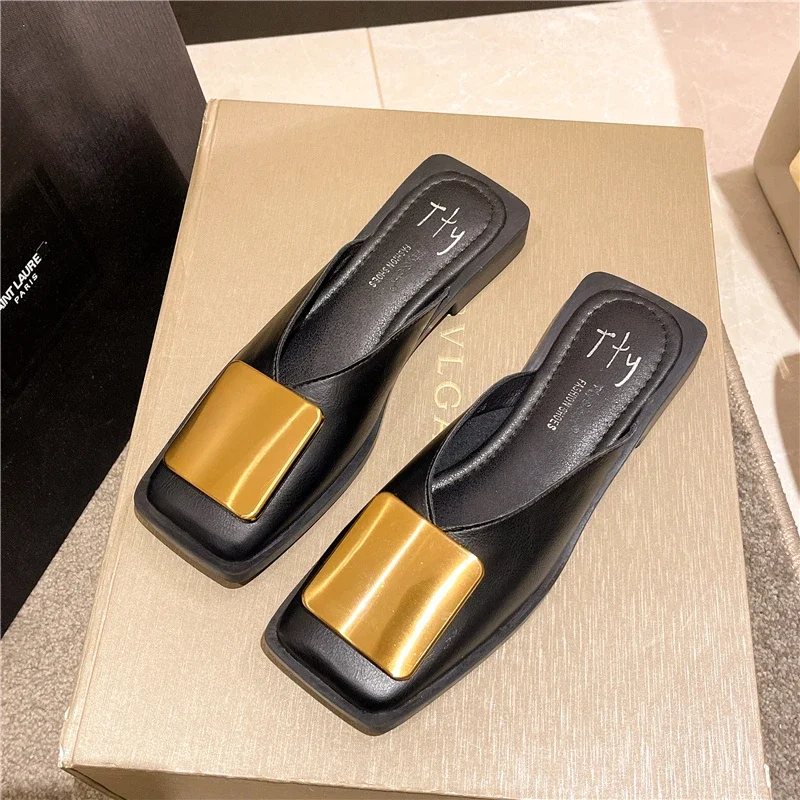 Brand Designer Women Slippers Fashion Metal Buckle Mules Flat Heels Square Toe Shallow Shoes Outdoor Slide Female Casual Sandal