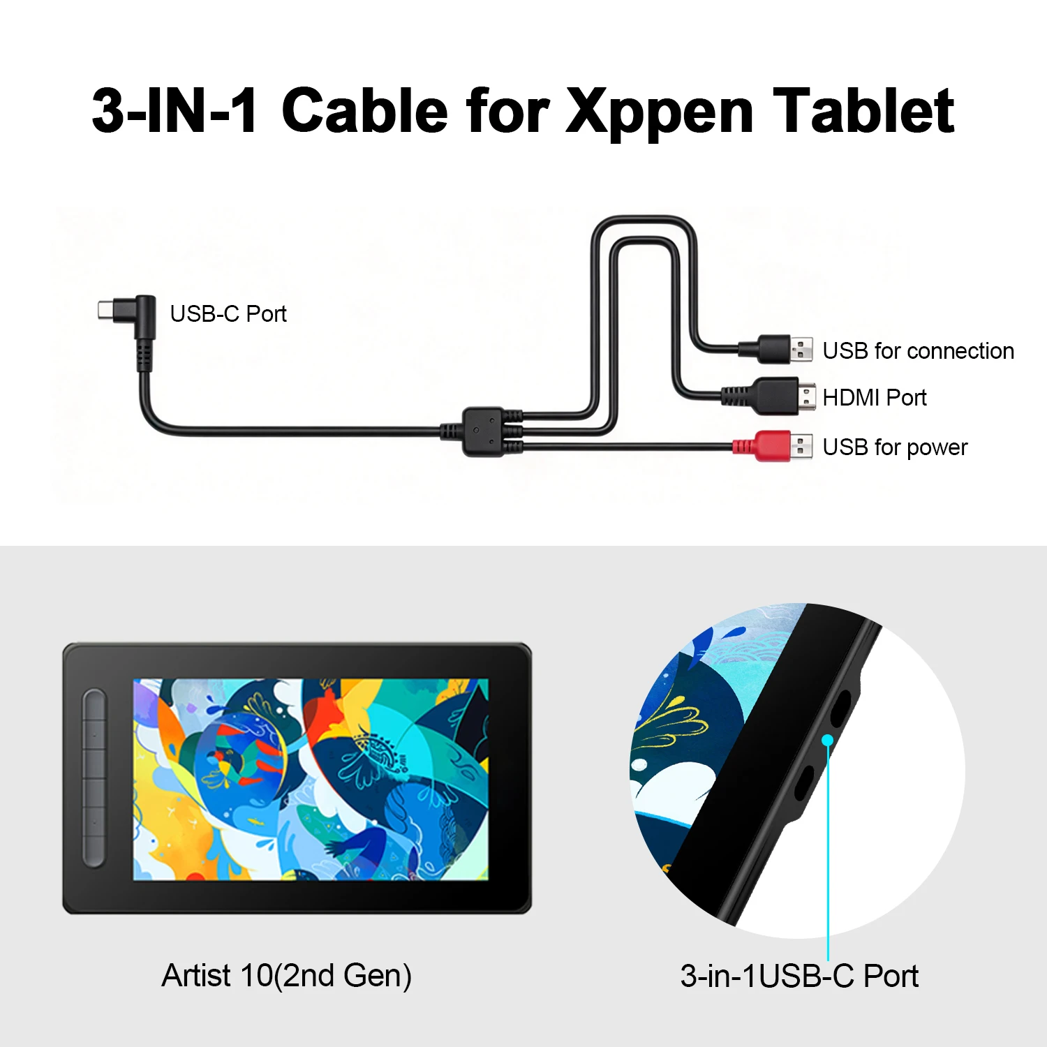 Original 3 in 1 Cable for XP-Pen Artist 12 (2nd Gen)/Innovator 16 /Artist Pro 16/Artist 10(2nd Gen), 13 (2nd Gen), 16(2nd Gen)