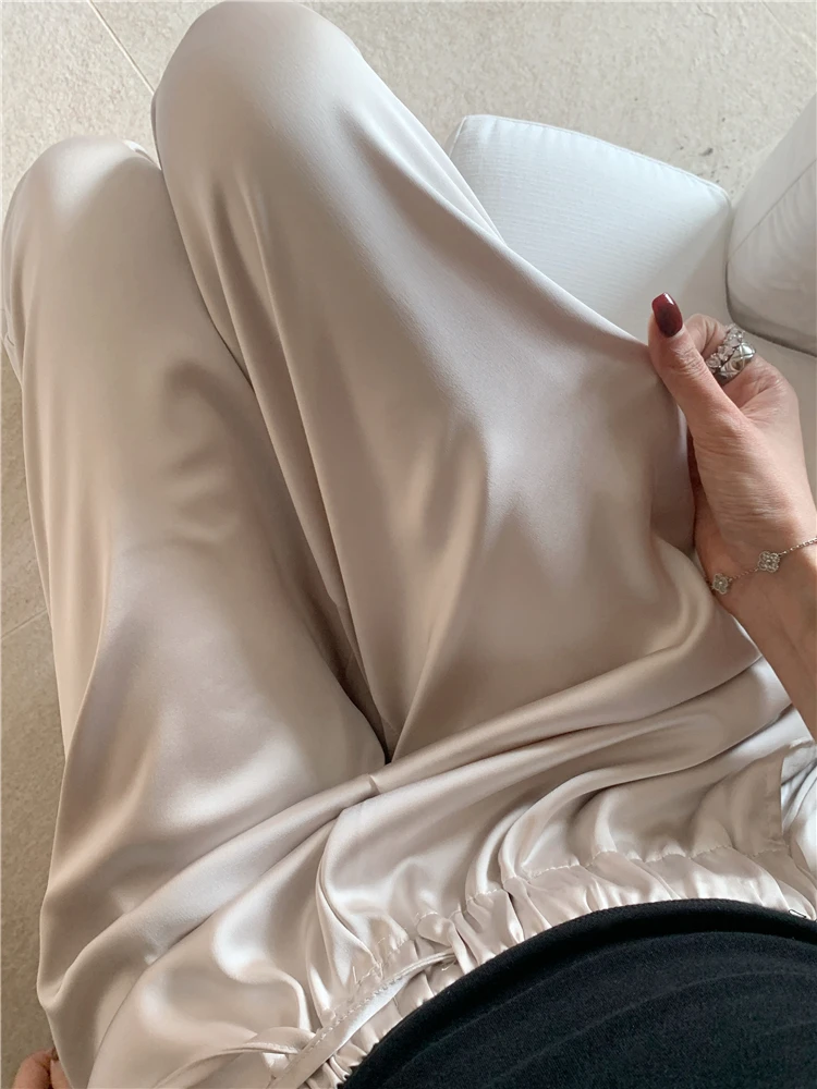 

High Waist Wide Leg Pants Women's Casual Loose Slimming Drapey Satin Trousers Khaki Color Street Sle Straight Leg Trousers