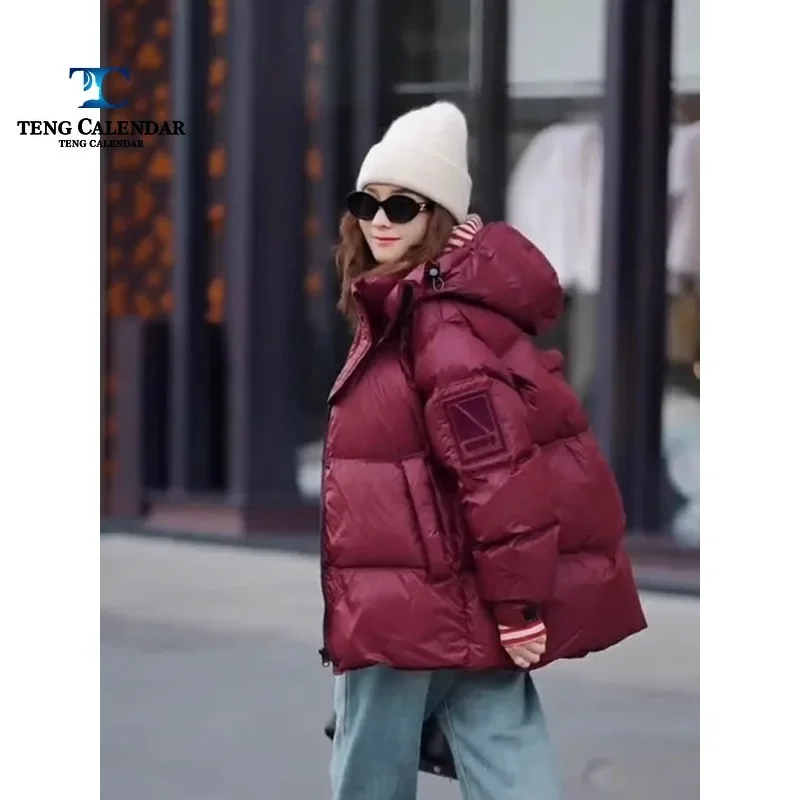 Winter Cotton Jacket for Women, Red, High-End and Skin Friendly, Chic Hooded Loose Down Jacket, New Style