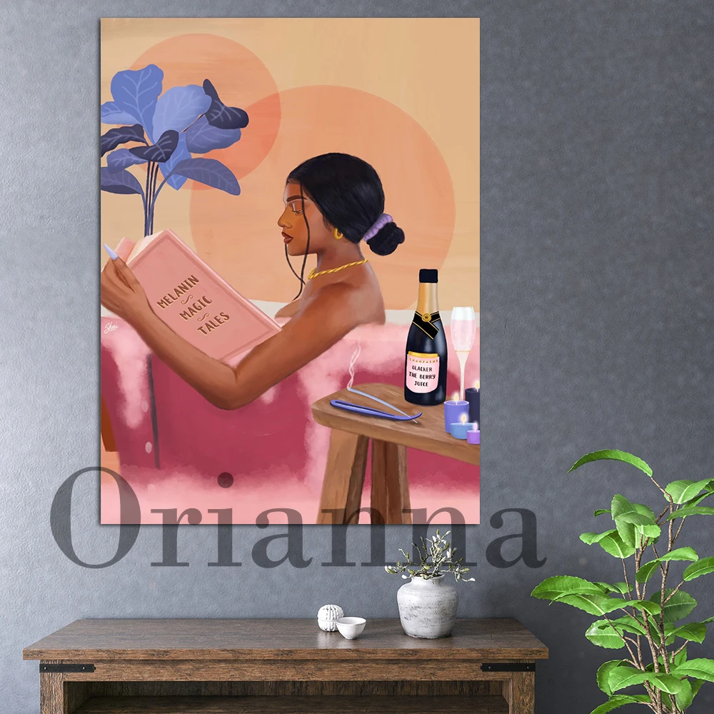 Pink Aromatherapy Bubble Bath Black Woman Girl Reading Books Relaxing Wall Art Prints Posters Bathroom Toilet Decor Painting