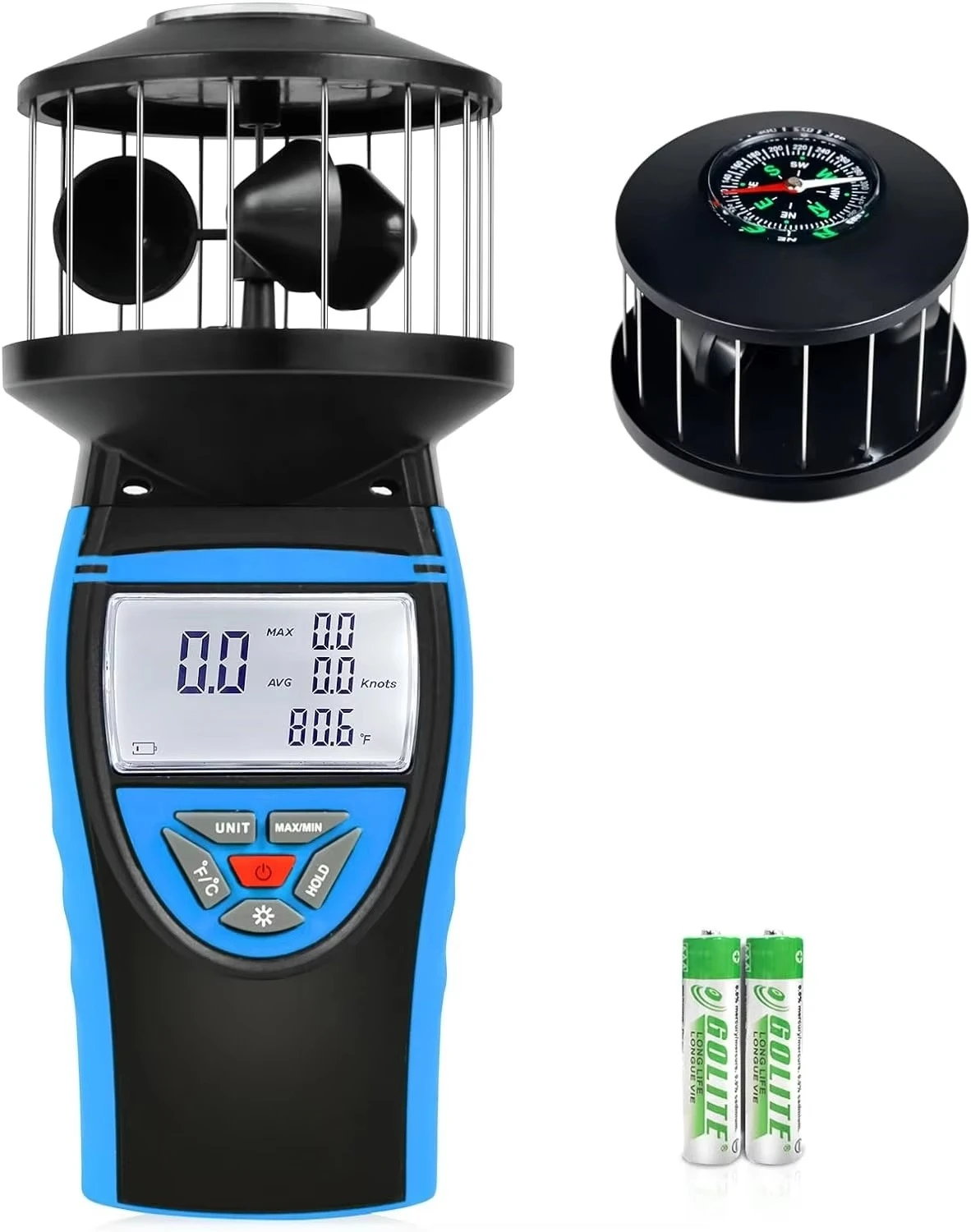 

878 Handheld Cup Anemometer with Compass, 360 Wind Measuring Digital Air Wind Speed Meter