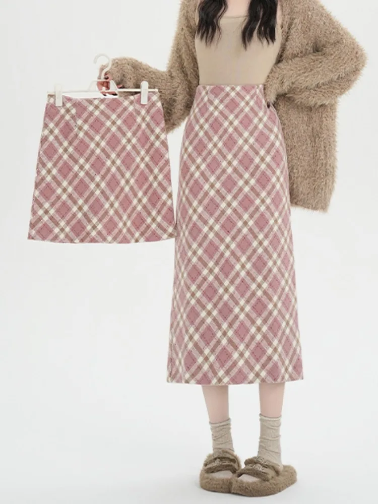 

Розовая шерстяная юбка в клетку для женщин, новая коллекция весна-осень, милая, средней длины, с разрезом, облегающая, удобная, мягкая