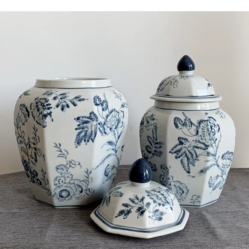 Tarro General decorativo de cerámica pintado a mano, florero de jengibre azul y blanco, adornos artesanales, jarrones de decoración del hogar