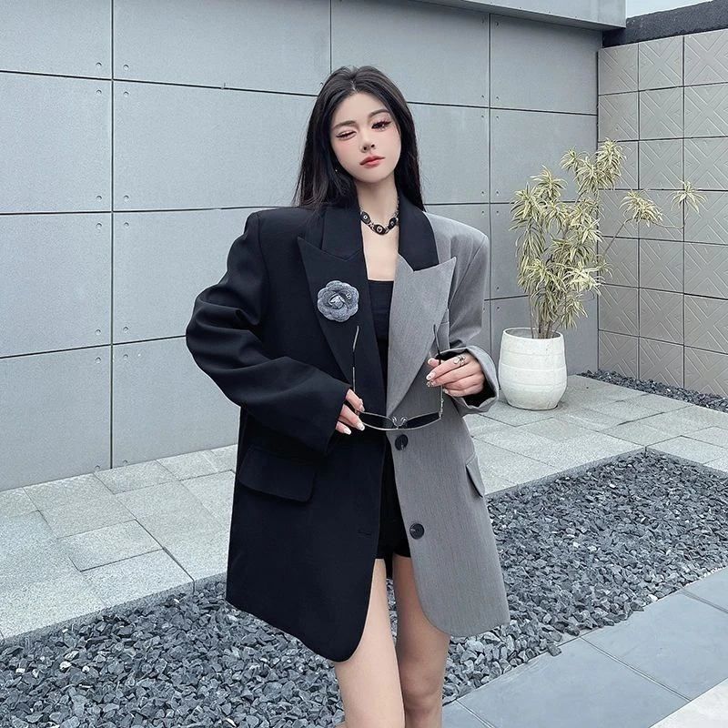 Women Irregular Color Block Blazer Shoulder Pad Chic Casual Jacket Spring Autumn Fashion Elegant Office Lady Top