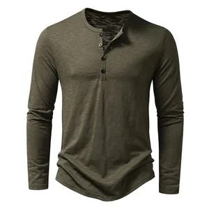 Camiseta de algodão com botão masculina, manga comprida, respirável, camiseta fina, gola Henley, monocromática, casual, moda versátil, outono, nova 10 principais vendas camisa henley manga longa - №4