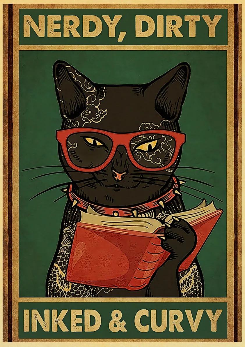 Black Drink Cat Vintage Posters Kraft Paper Retro Prints Wall Decor Living/Bed Room Paper Creative Art Fashion Bedroom Painting