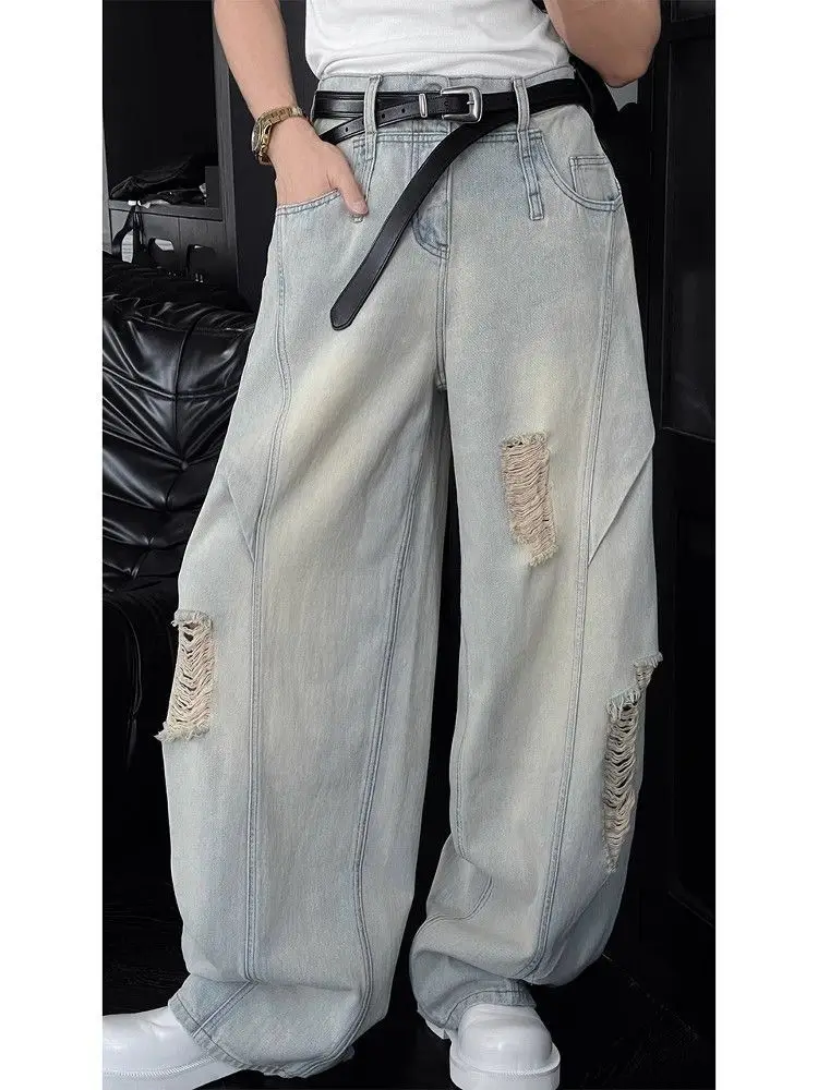 

Women's Splicing Hole Design Vintage Jeans Cool Girl Autumn Wide Leg Streetwear Trouser Female Distressed Hip-hop Denim Pants