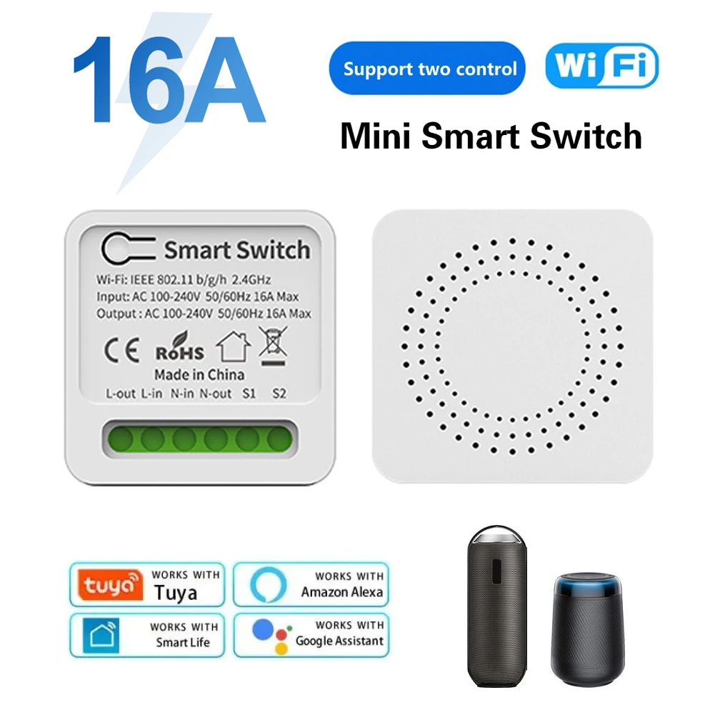 Wifi Mini Smart Switch 16A DIY Light Switch 2 Way Wireless Control Smart Home with Alexa Alice Google Home