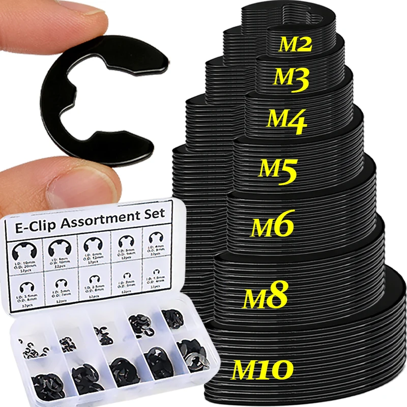 Kit assortimento di anelli per rondelle E-Clip in acciaio inossidabile con scatola Anelli di fissaggio esterni Anello elastico Fermo a scatto Apertura a scatto M1.5-M10