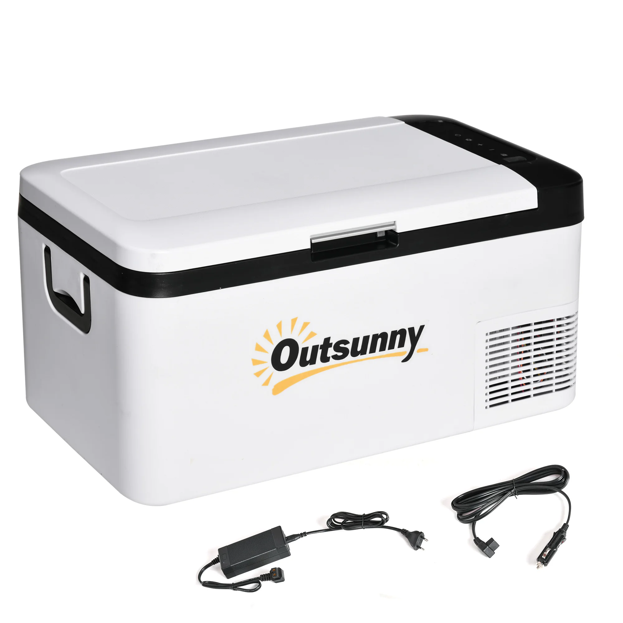 Outsunny 18L portable compressor fridge and freezer up to-20 ℃ with LED light and foldable handles 12/24V 240V car refrigerator for home Camping travel 58,5x33,5x29,2 cm White