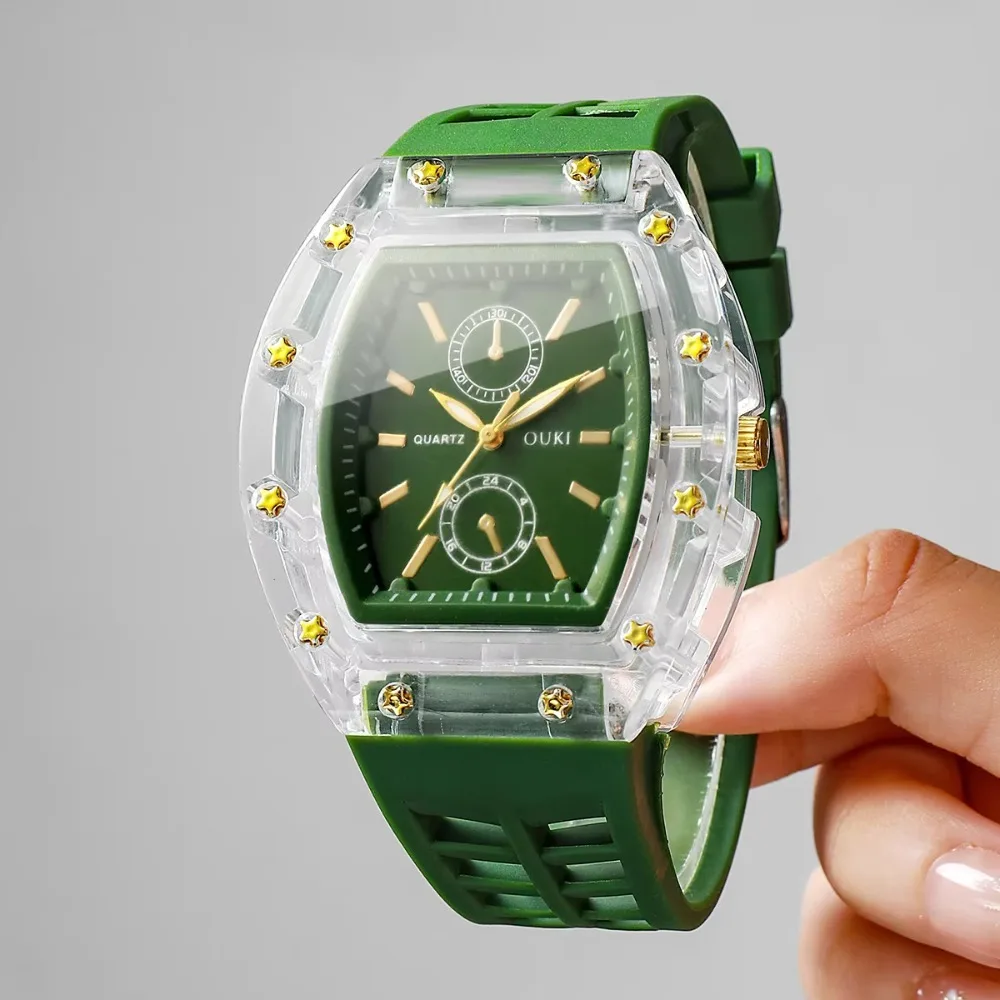 Tonneau Case Women Quartz Watch Transparent Case Without Box Analog Sport Watch Silicone Strap Quartz Wristwatch Men Women