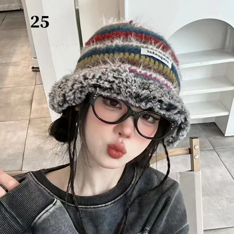 2023 New Fur Warm Crochet Bucket Hat Fashion Y2K Beanies Winter Hat for Women Korean Retro  Fisherman Cap Ladies Knitted Hat