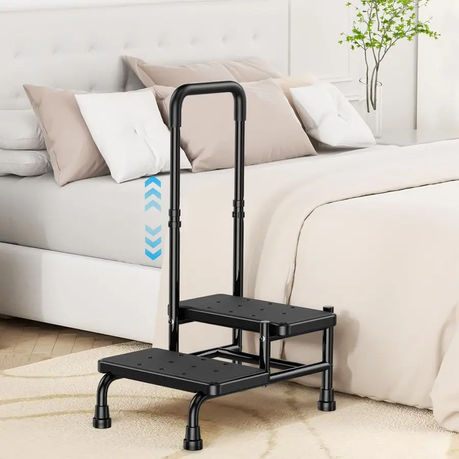 2 Step Stool with Handle for Elderly Adults and Seniors Heavy Duty Non Slip Bed Steps for High Beds with Adjustable Handrail 40