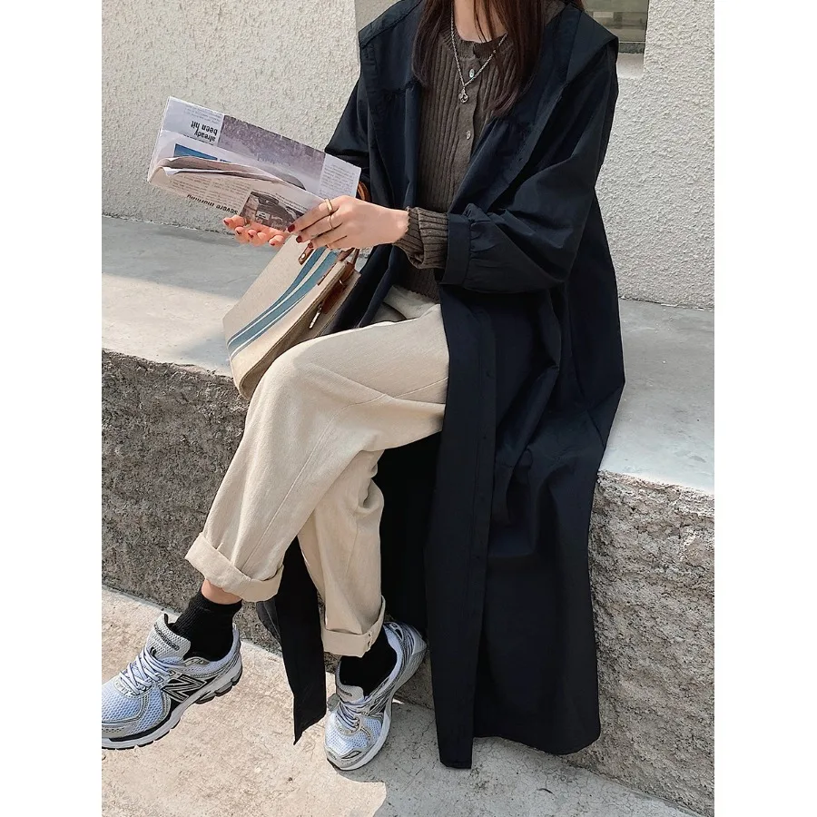

Loose Fit Chic Black Hooded Single-Button Long Sleeve Dress Coat Real Shot plus Size Korean Style Cotton Polyester Blend