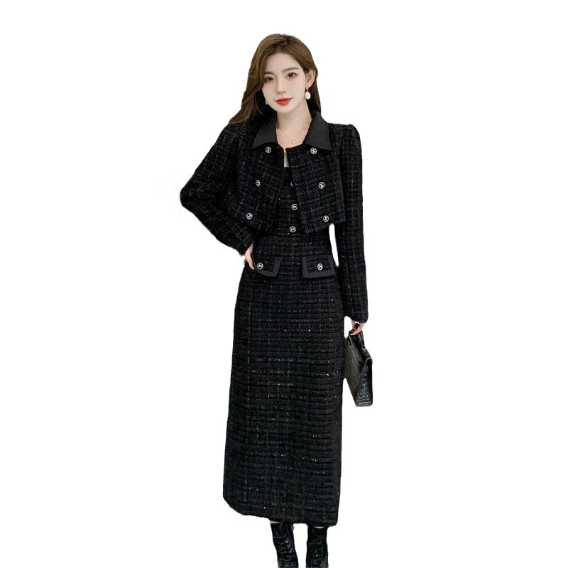 Women's black 2 pieces tweed set jacket+half skirt new autumn/winter socialite small fragrance set