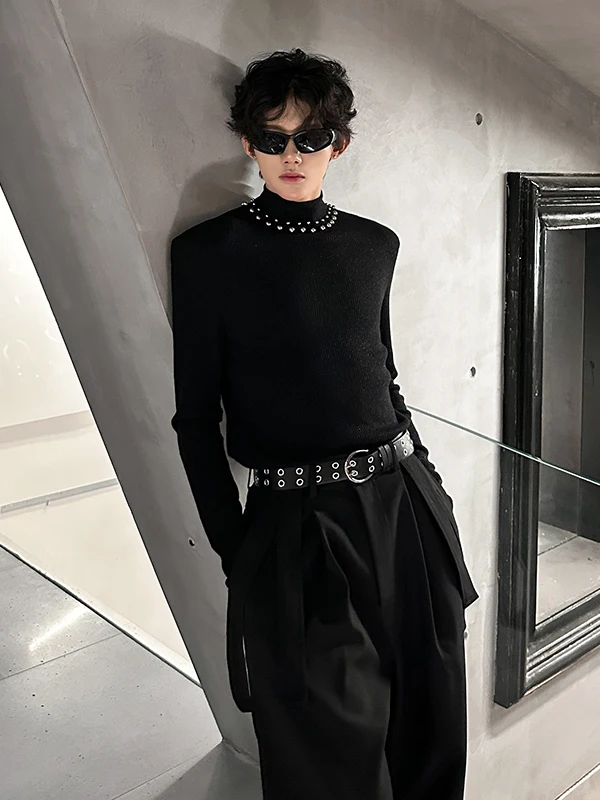 

Autumn Winter Knitted Long Sve T-irt Men's Pearl Embedded oulder Pad f High Collar Cotton Nylon Spandex Base irt