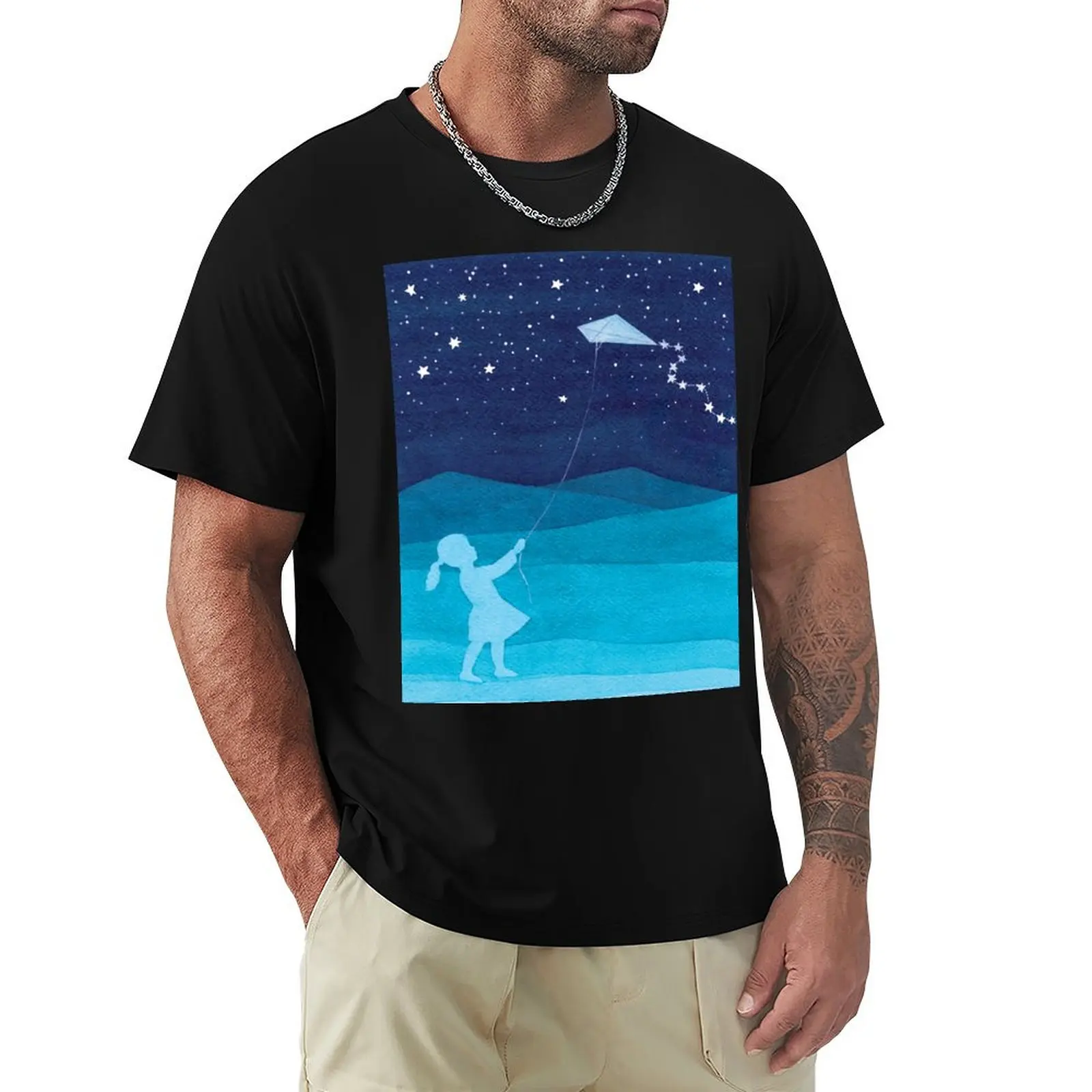 Girl with a kite, blue T-Shirt Basic Solid Tee for Daily Use