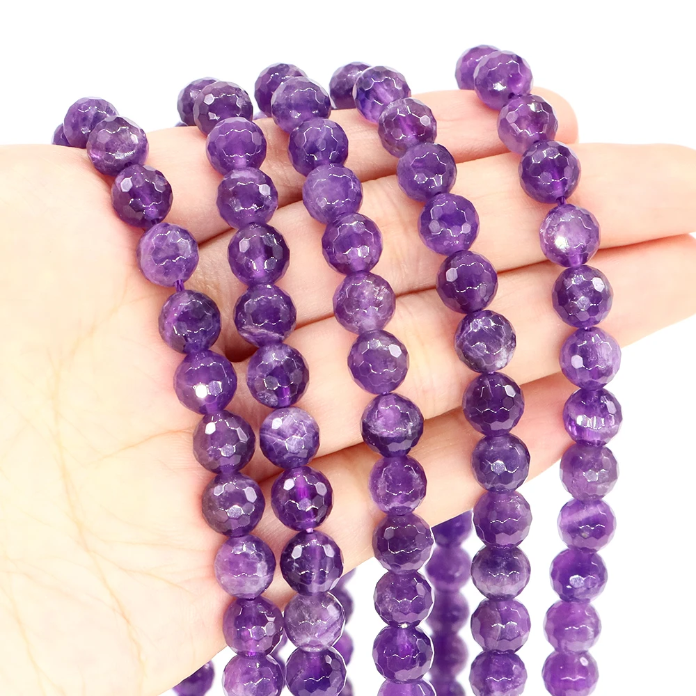 6/8/10mm Natural Faceted Stone Amethyst Reiki Healing Crystal Round Loose Spacer Gemstone Accessories for Jewelry Making Gifts