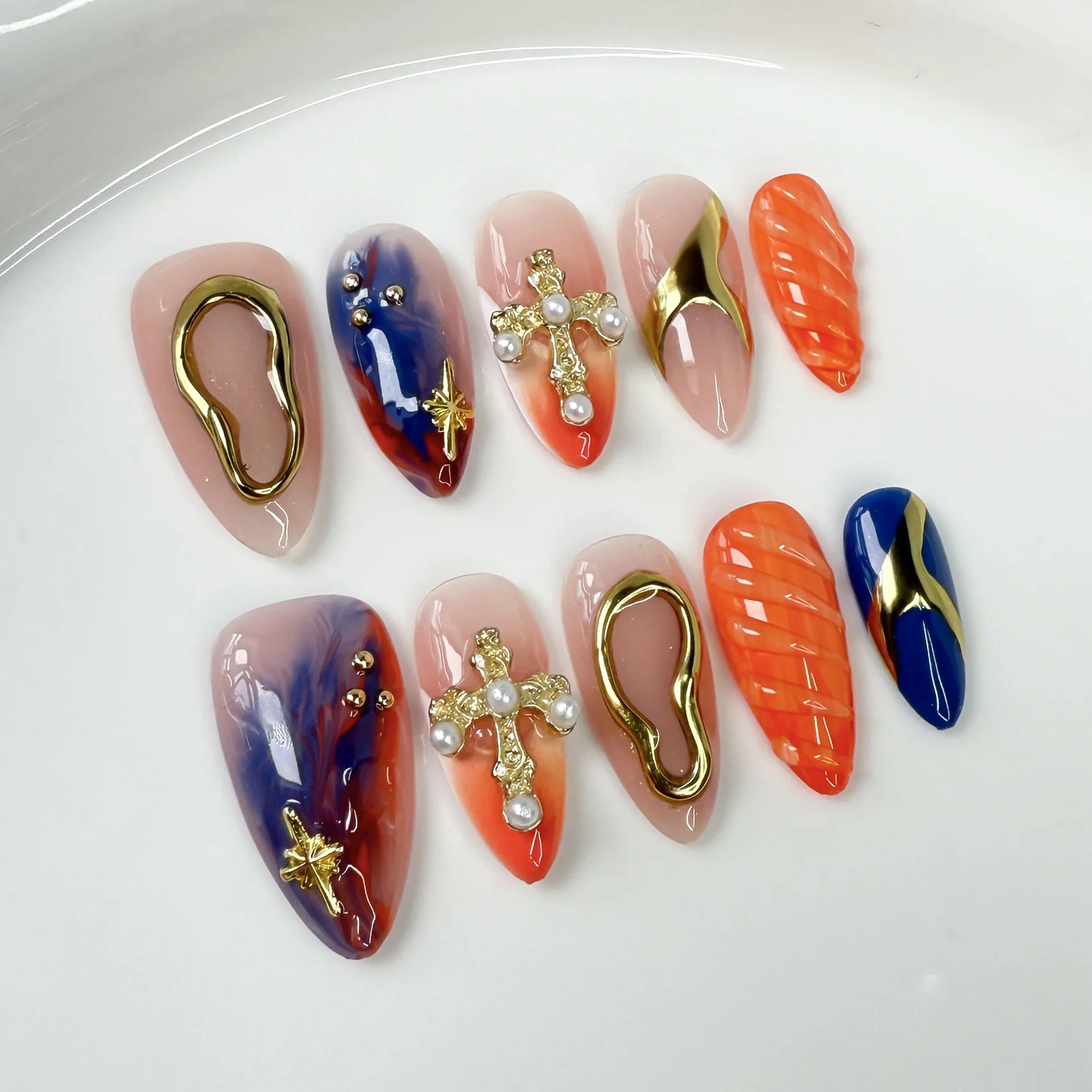 10 pçs 3d flor amêndoa artesanal imprensa em unhas picantes meninas unhas falsas wearable stick-on unhas unhas falsas Наклад Ногти 