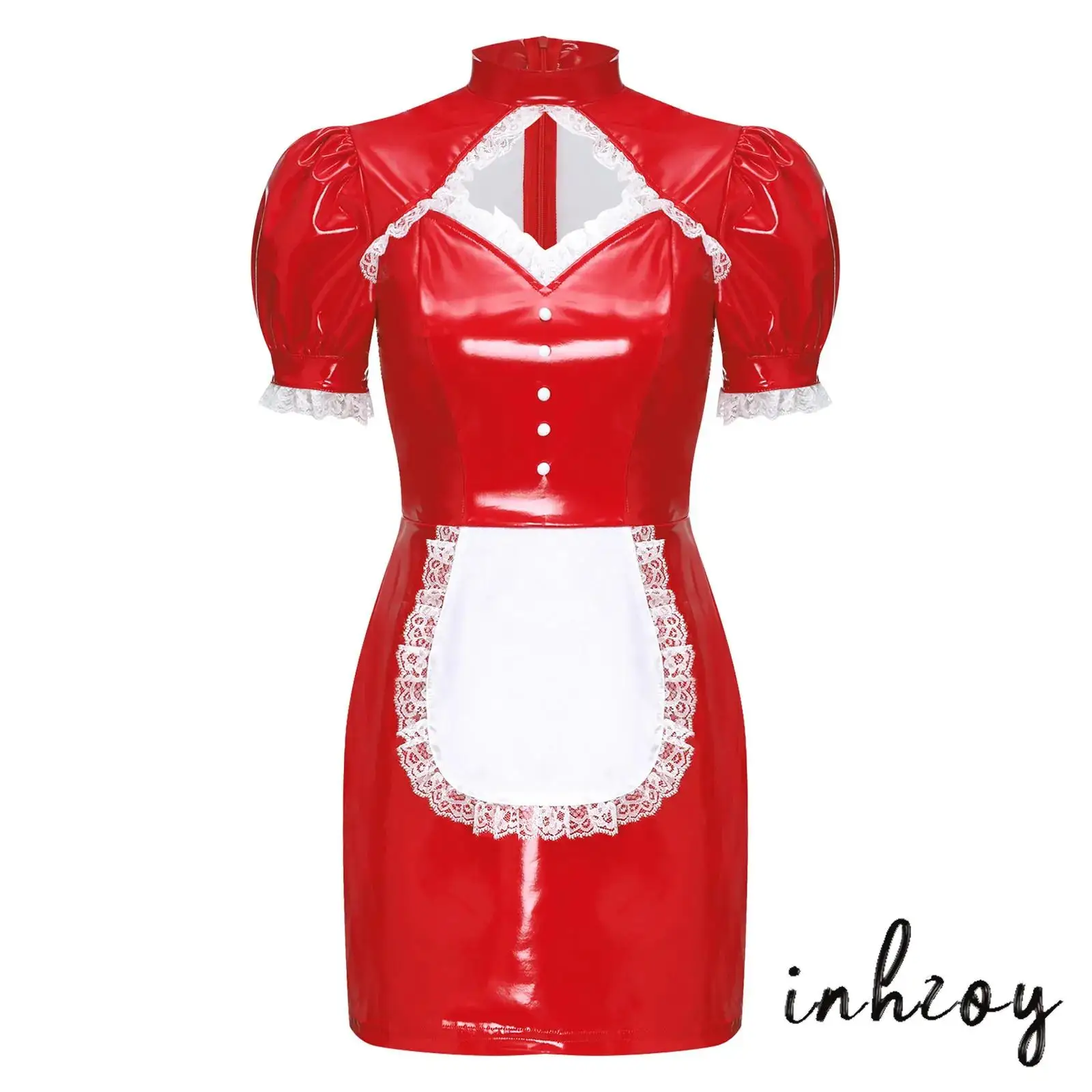 

Womens Maid Cosplay Costume Hollow Out Lace Trim Apron Glossy PU Bodycon Dress with Detachable Big Bow for Halloween Party