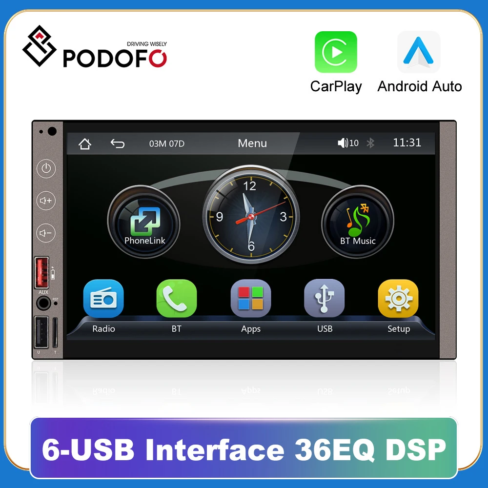 

Podofo Carplay Car Stereo Radio 7'' Universal Car Multimedia Player with BT FM Radio Receiver Support TF/USB Rear View