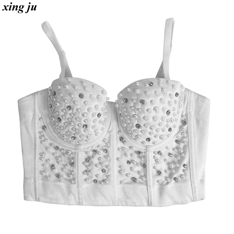 

Xing Ju Party Sexy Sleeveless White Rivets Beads Tops Nightclub DJ Blue Fishbone Denim Vest Women Jazz Dance Costume Stage Wear