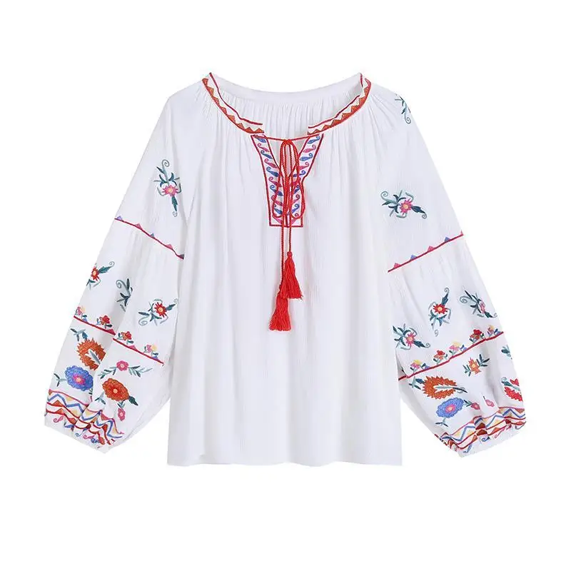 Bohemian Floral Embroidery Chic Bouse Women Tassel Beach Kimono Holiday Vintage Shirt Long Sleeve Loose Boho Shirts Blusas Top