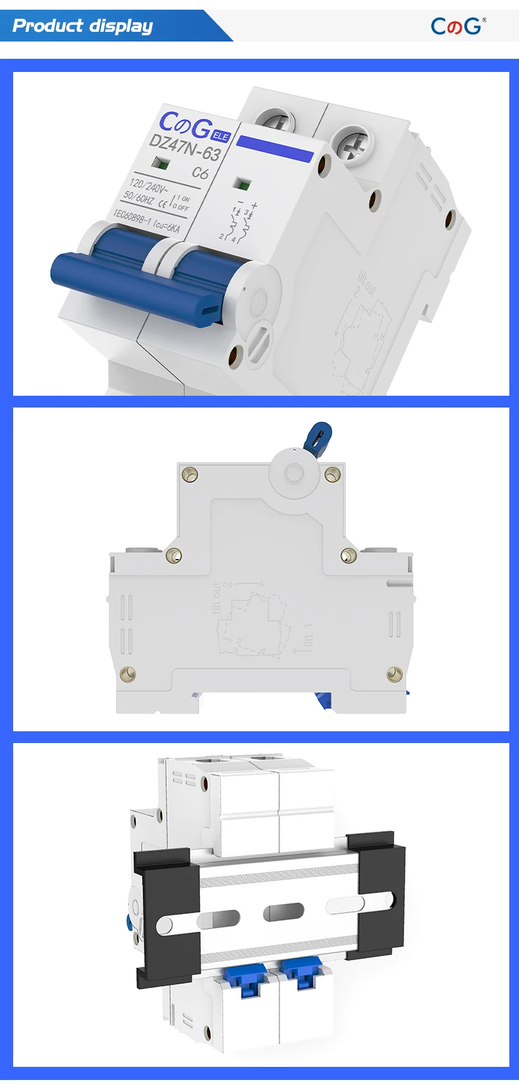 CG AC Miniatur-Leistungsschalter, 2-polig, 6 A, 10 A, 16 A, 20 A, 25 A, 32 A, 40 A, 50 A, 63 A, 120/240 V, thermischer magnetischer Auslöseschalter für DIN-Schienenmontage – Detail 6