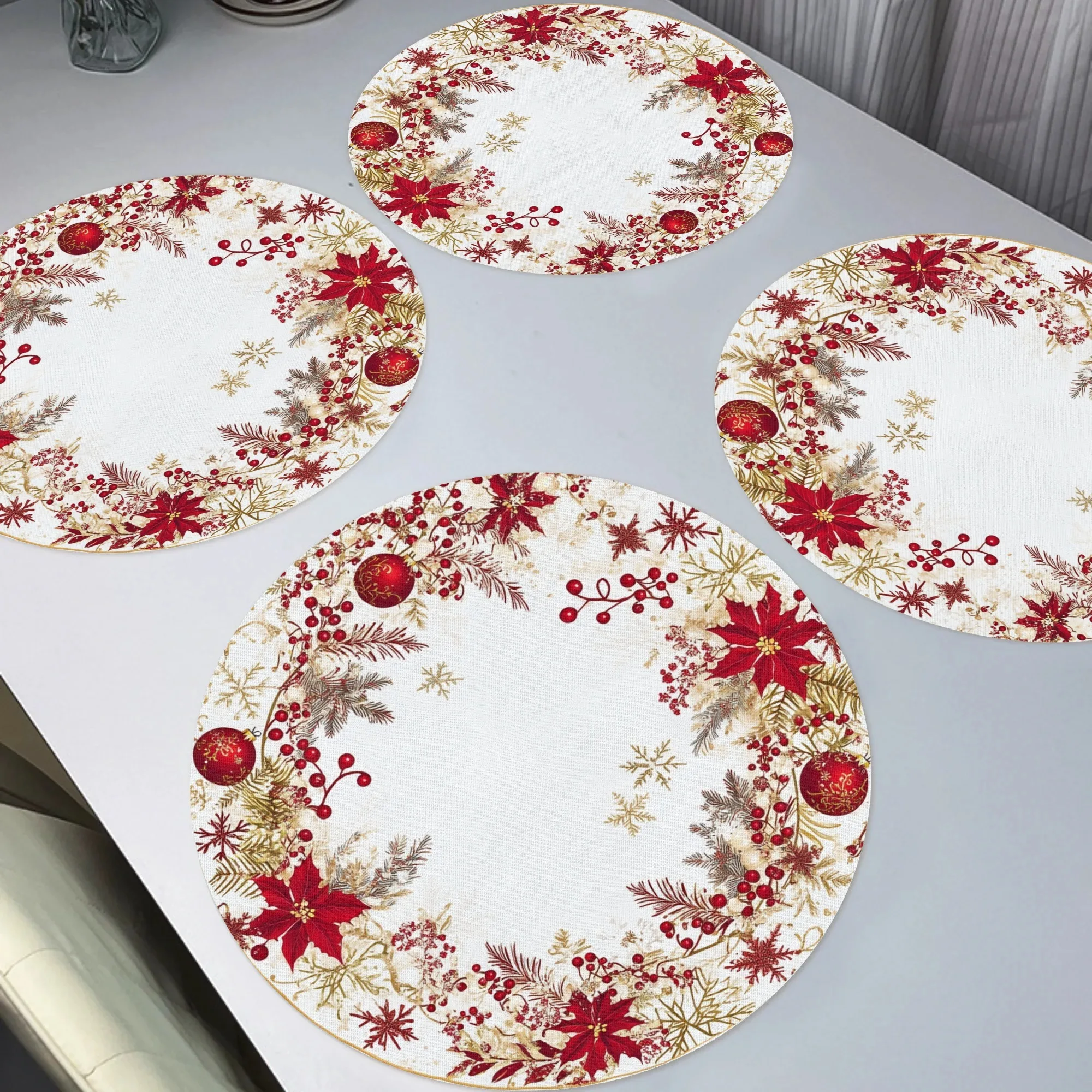 VIKAMA 4PC Christmas Poinsettia Placemat With Snowflakes Pine Branches And Berries Restaurant Christmas Party Decoration