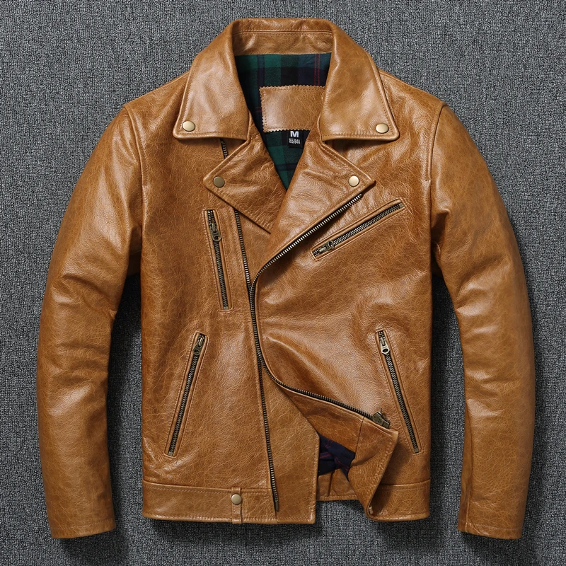 

Тяжелый масляный воск, верхний слой из натуральной яловой кожи, мужской модный приталенный мотоциклетный кожаный костюм с воротником