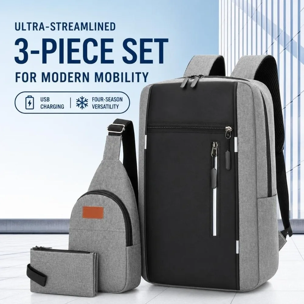 3Pcs/Set Large Capacity Student Schoolbag Nylon Adjustable Waterproof Rucksack Durable Multifunctional Business Computer Bag