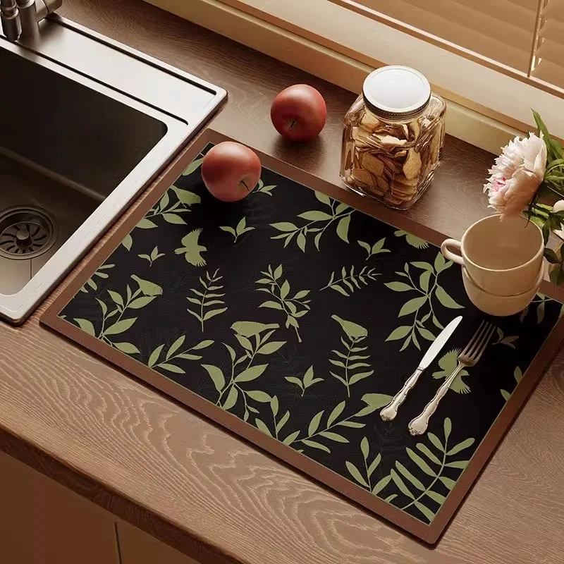 Retro Green Leaf Absorbent Mat Kitchen Antiskid Draining Coffee Dish Drying Quick Dry Bathroom Drain Pad Tableware Mats Decorate