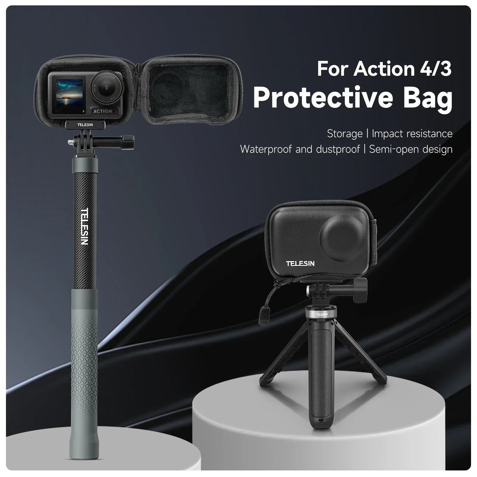 TELESIN bolsa de almacenamiento para DJI OSMO Action 5 4 3 cepillado medio abierto bolsa protectora de transporte de liberación rápida accesorios de Cámara de Acción