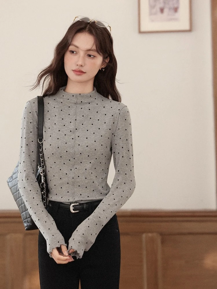 ALXNAN 빈티지 폴카 도트 티셔츠 그레이 모크 넥 러플 트림 긴팔 풀오버 레귤러 숄더 슬림핏 클래식 탑스 L58602