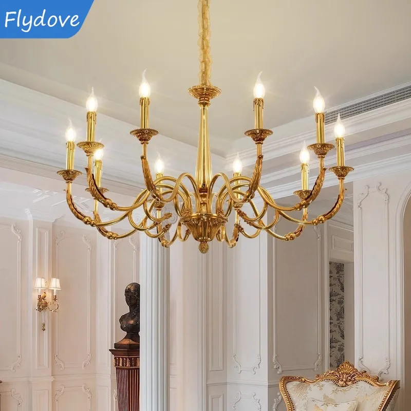 French antique candle brass pendant light American retro bedroom dining room lighting fixtures