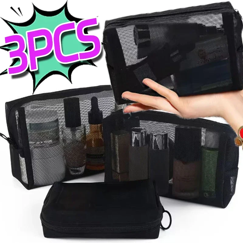 Transparent Mesh Cosmetic Bag Skin Care Storage Bag Black Handbag Portable Travel Wash Organizer Toiletry Student Stationery Bag