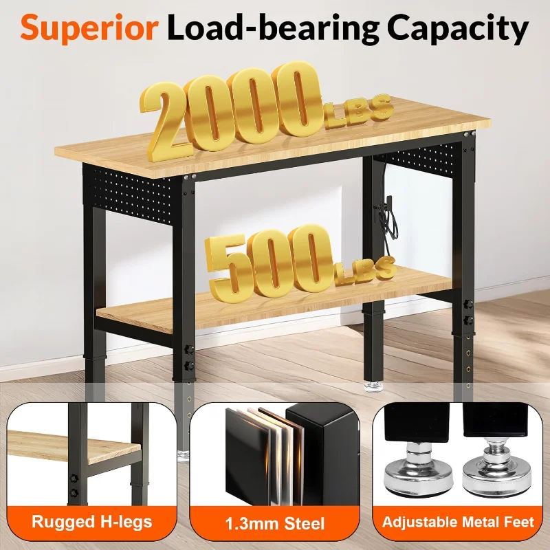 48“ Adjustable Height Workbench Work Bench for Garage Work Table with Under Table Shelf Heavy Duty Rubber Wood Top