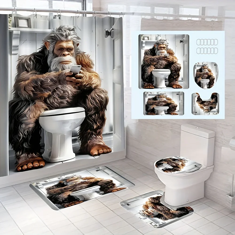 

Funny Sasquatch Bathroom 4-Piece Set Waterproof Shower Curtain Non-Slip Mats Soft Microfiber Material Unique & Quirky Design