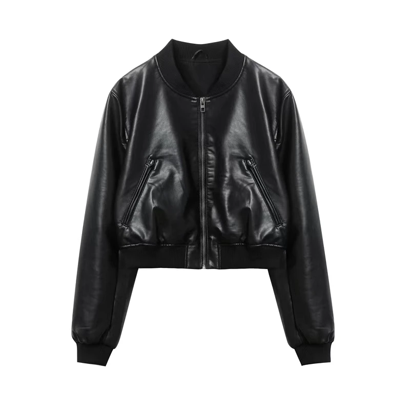 Women\'s Street fashion Faux Leather Bomber Jacket Stand Collar Black Short Leather Coat