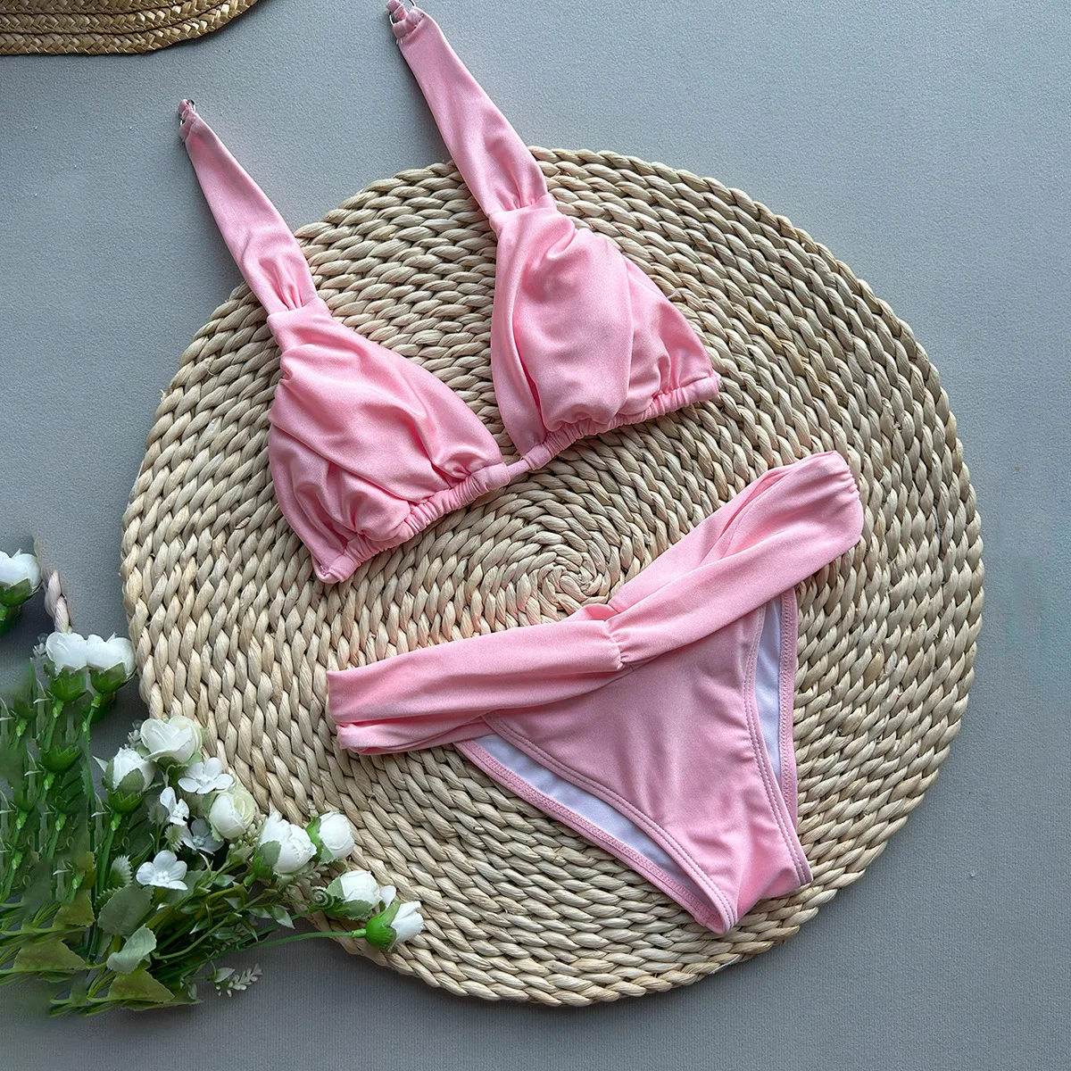 

New Sexy Triangle Push Up Swimwear Women Ruched 2 Piece Swimsuit String Bandage Bikini Set Pleated Bathing Suit Summer Beachwear