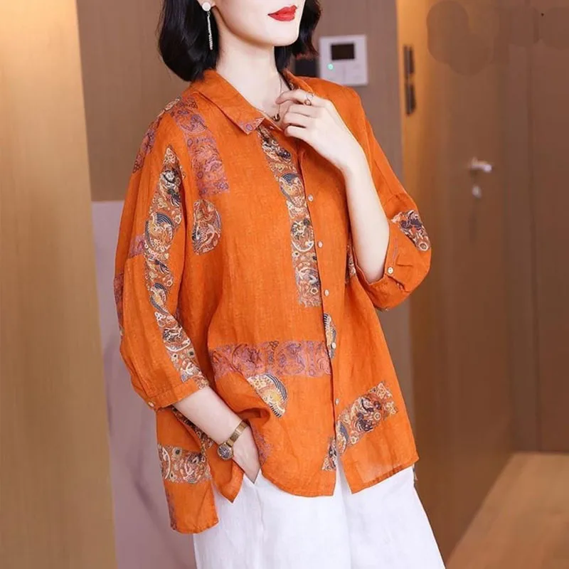 2022 Summer Fashion Turn-down Collar Vintage Printing Shirt Loose Commute Casual Single-breasted 3/4 Sleeve All-match Blouses