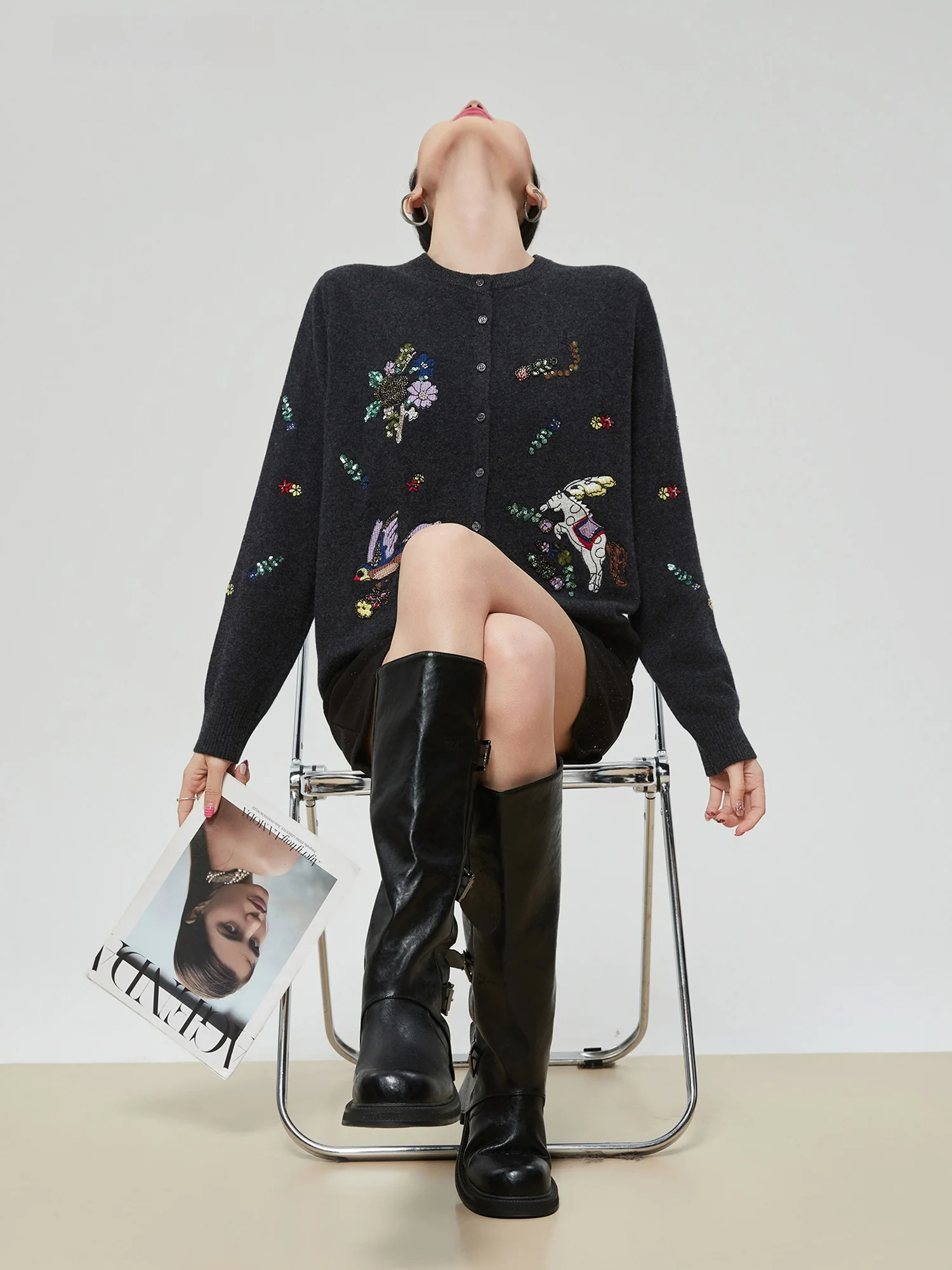 

Женский модный вязаный кардиган с вышивкой и бисером, с круглым вырезом, на осень-зиму, новая модель