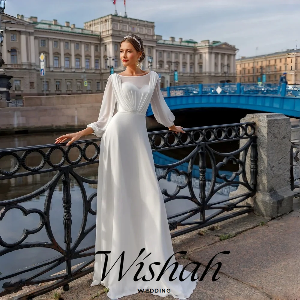 Wishah Customized Weeding Dress Elegant O-neck Tulle Long Sleeve Button Back Pleated Beading Sashes A-line Long Bridal Gown 2027