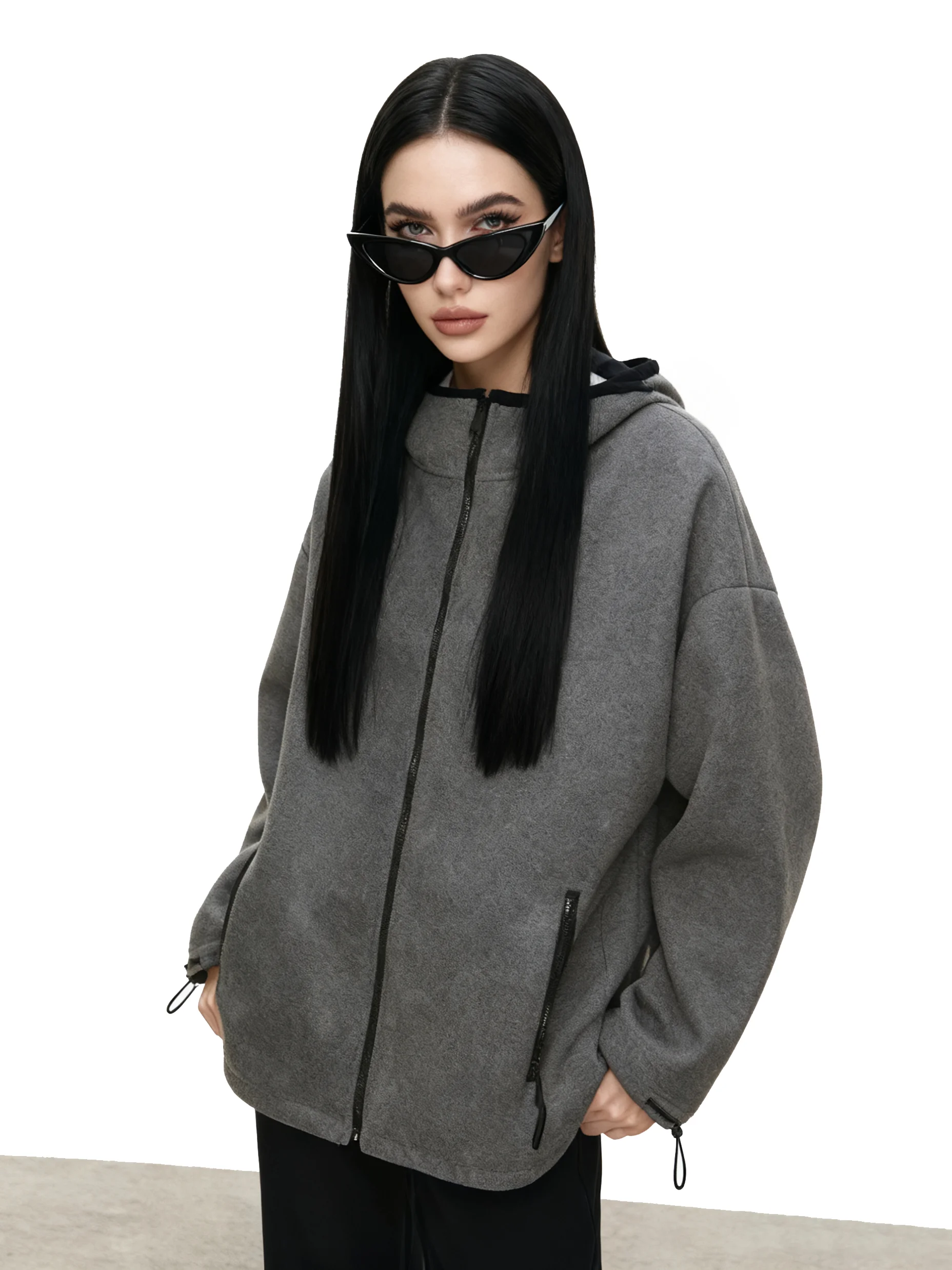 

JYOOK Двусторонняя флисовая куртка-худи на молнии, женская, свободного кроя, с длинными рукавами, воротником-стойкой, теплая верхняя одежда для осени и зимы